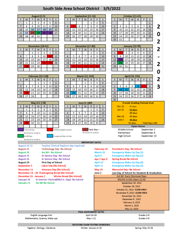 School Calendar for 20222023 school year South Side School District
